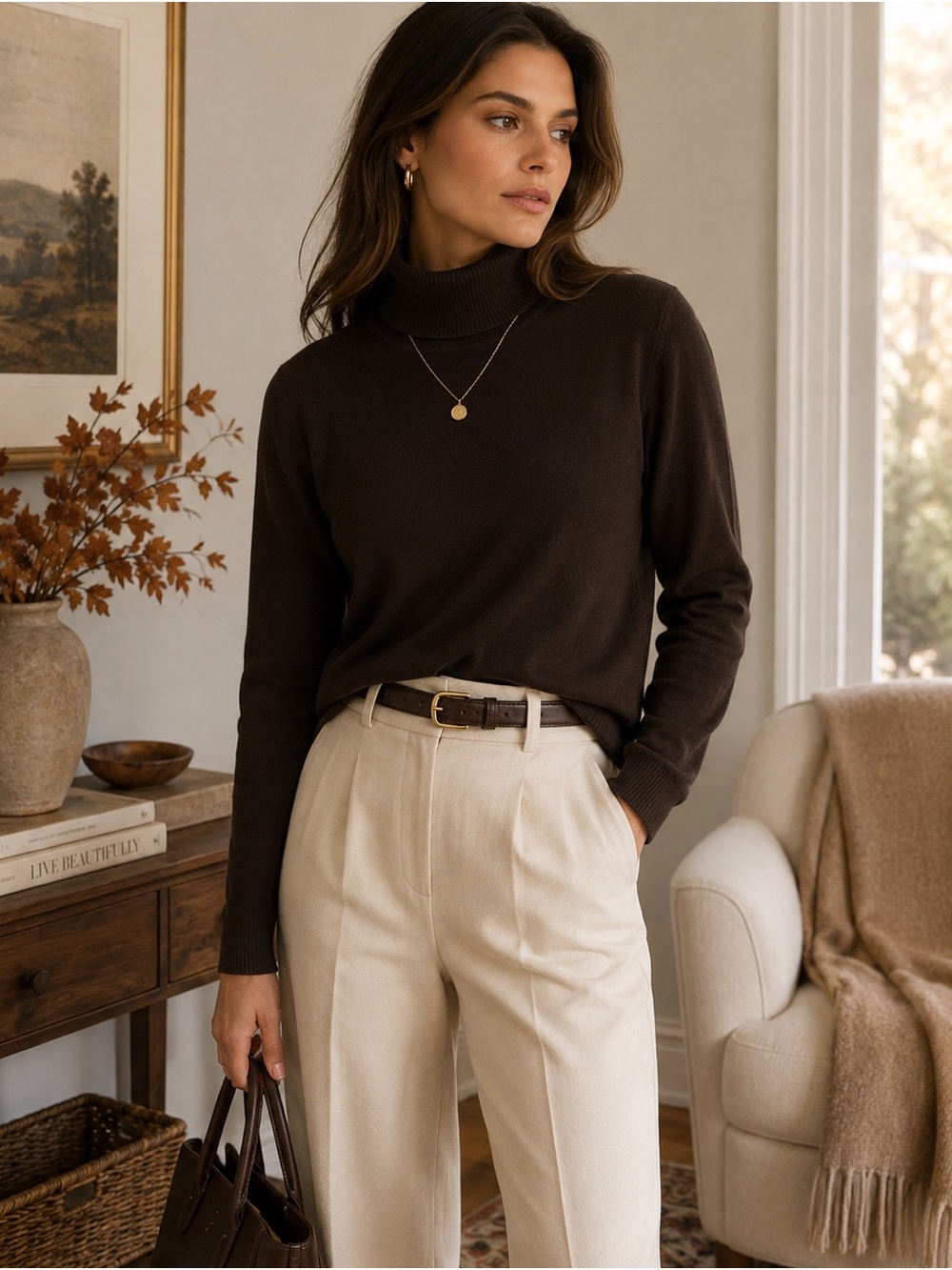 Kial Chocolate Brown Silk Cotton Ribbed Turtleneck Sweater Size L